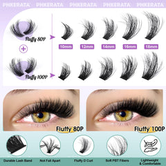 PHKERATA Individual Eyelashes Russian Cluster Lashes Fluffy D Curl Lashes Individual Cluster Wispy Lash Clusters 80Dand100D Eyelash Clusters with Tweezers Eyelash Extensions,10-18mm