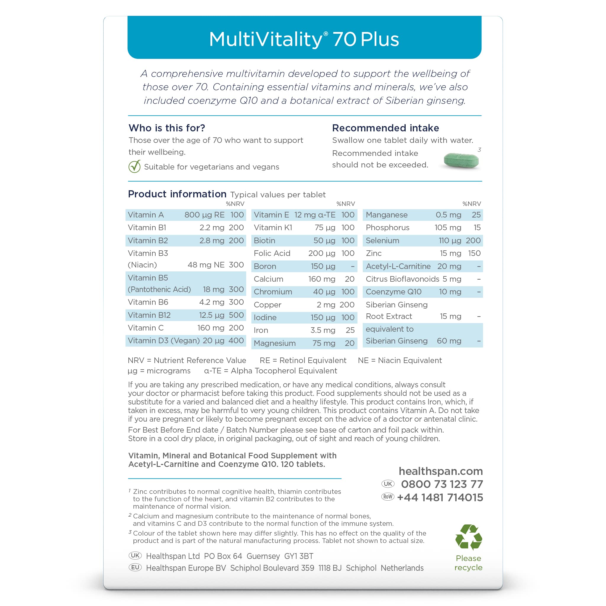 Healthspan Multivitamin 70 Plus   (120 Tablets)   Vitamin C & Vitamin D3   Brain, Heart, Bone & Immunity Health   Ginseng, Bioflavonoids & Acetyl L-carnitine   Vegan