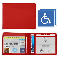 Disabled Blue Badge & Timer Holder Wallet PU Leather Protector Disability Parking Permit Discreet Cover Hologram Safe with 2X Disabled Stickers Included (Red)