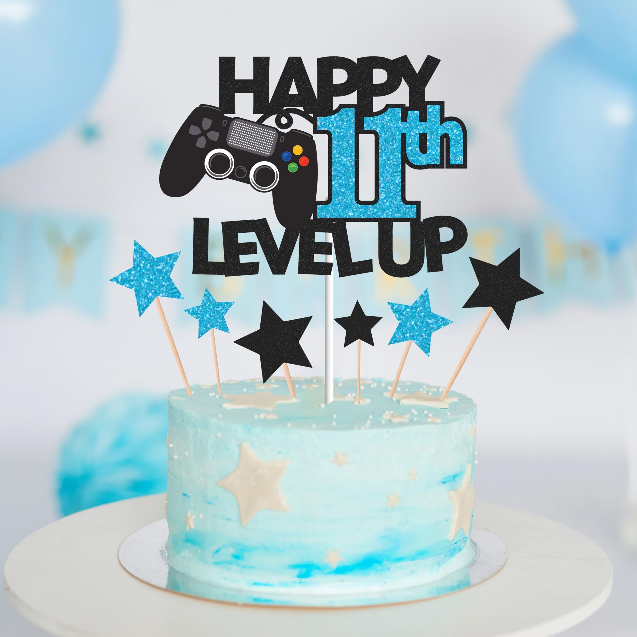 Gidobo 11th Birthday Cake Toppers, Black Glittery Cake Decorations with Controllers Themed, Eleven Years Old Level Up Video Game Birthday Party Supplies for Boys