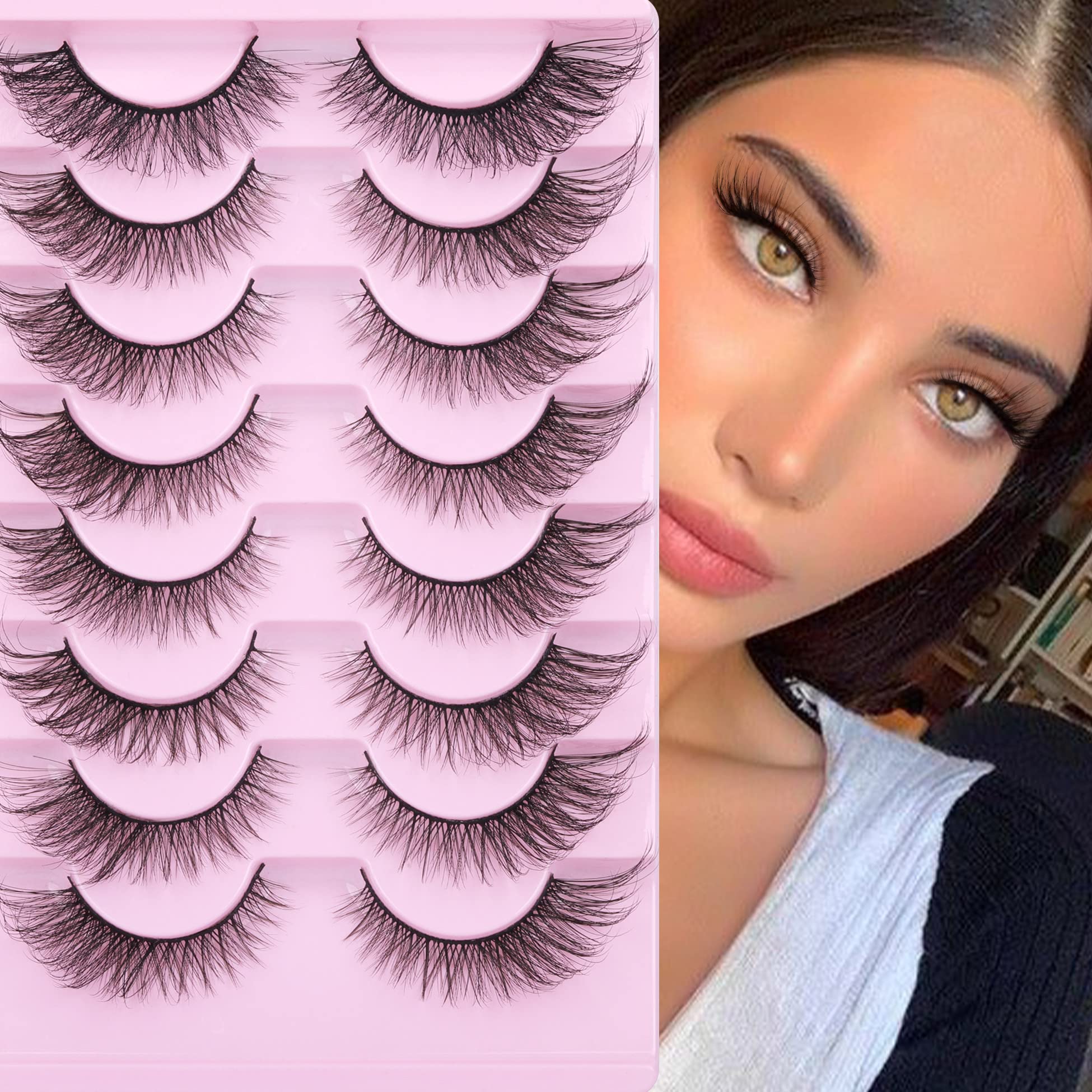 Eyelashes Fox Eye Natural Looking Russian Lashes Strip D Curly Fluffy Multi-layers Faux Mink Eyelash Wispy Cat Eye Lash Pack 8 Pairs