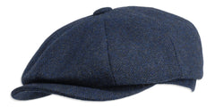 Gamble & Gunn Shelby' Flat Cap Navy Herringbone Vintage Style Baker Boy Cloth Hat Button Top - 65cm