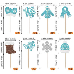 Xsstarmi 24 Pack It's a Boy Snowflake Cupcake Toppers Glitter Winter Frozen Baby Scarf Gloves Hats Shoes Cupcake Picks for Gender Reveal Theme Baby Shower Birthday Party Cake Decorations Blue