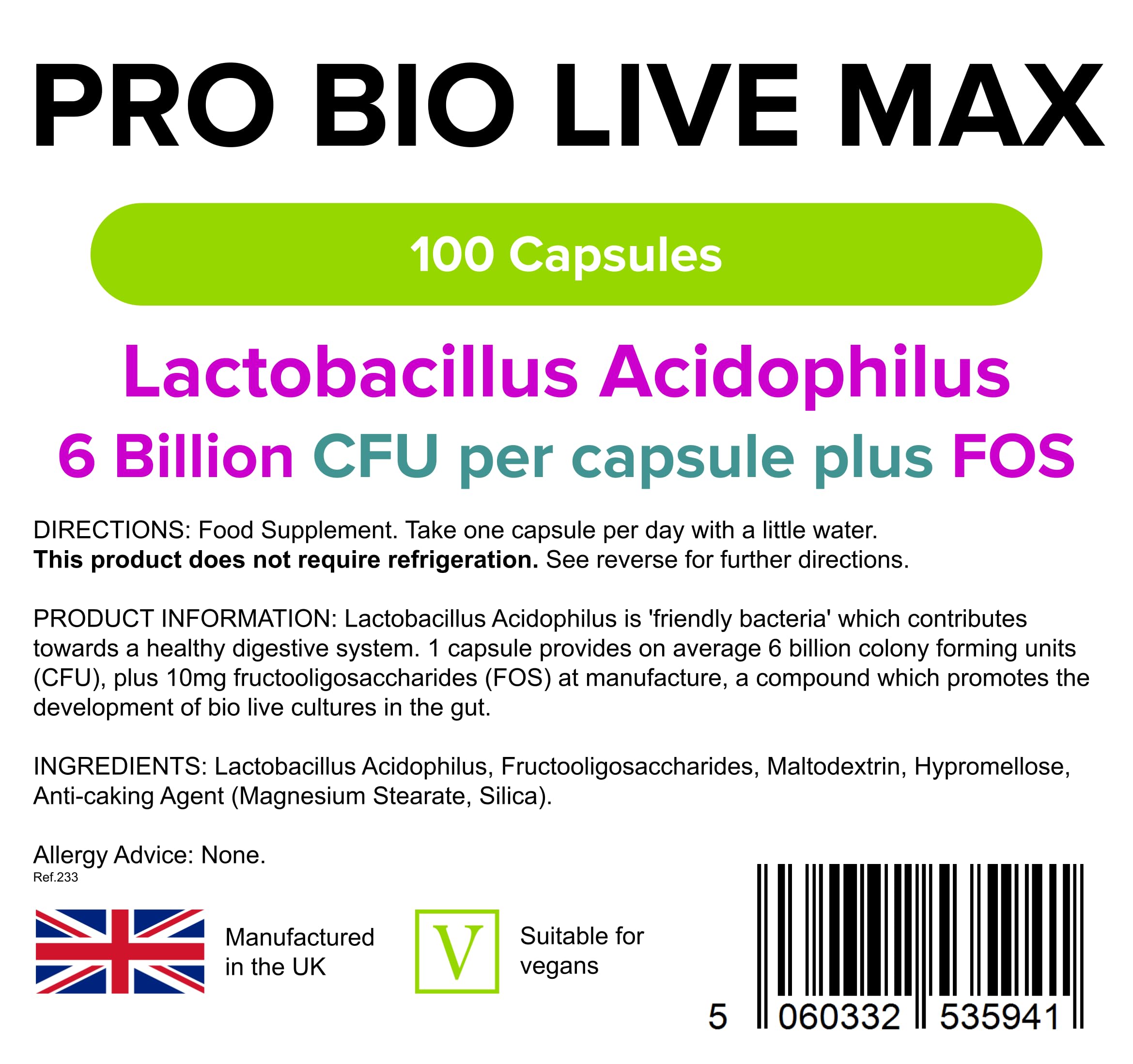 Lindens Pro Bio Live Max 6 Billion CFU Capsules - 100 Pack - Contributes to a Healthy Gut and Supports Digestion - Probiotic Vegetarian Capsules - UK Manufacturer, Letterbox Friendly