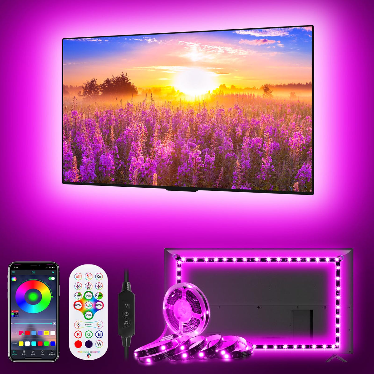 HORYLIT 3m Led Lights for TV 32-43 inch,USB Powered Led Strip Lights for TV,RGB Led TV Lights Behind Monitor with Remote Bluetooth APP Control