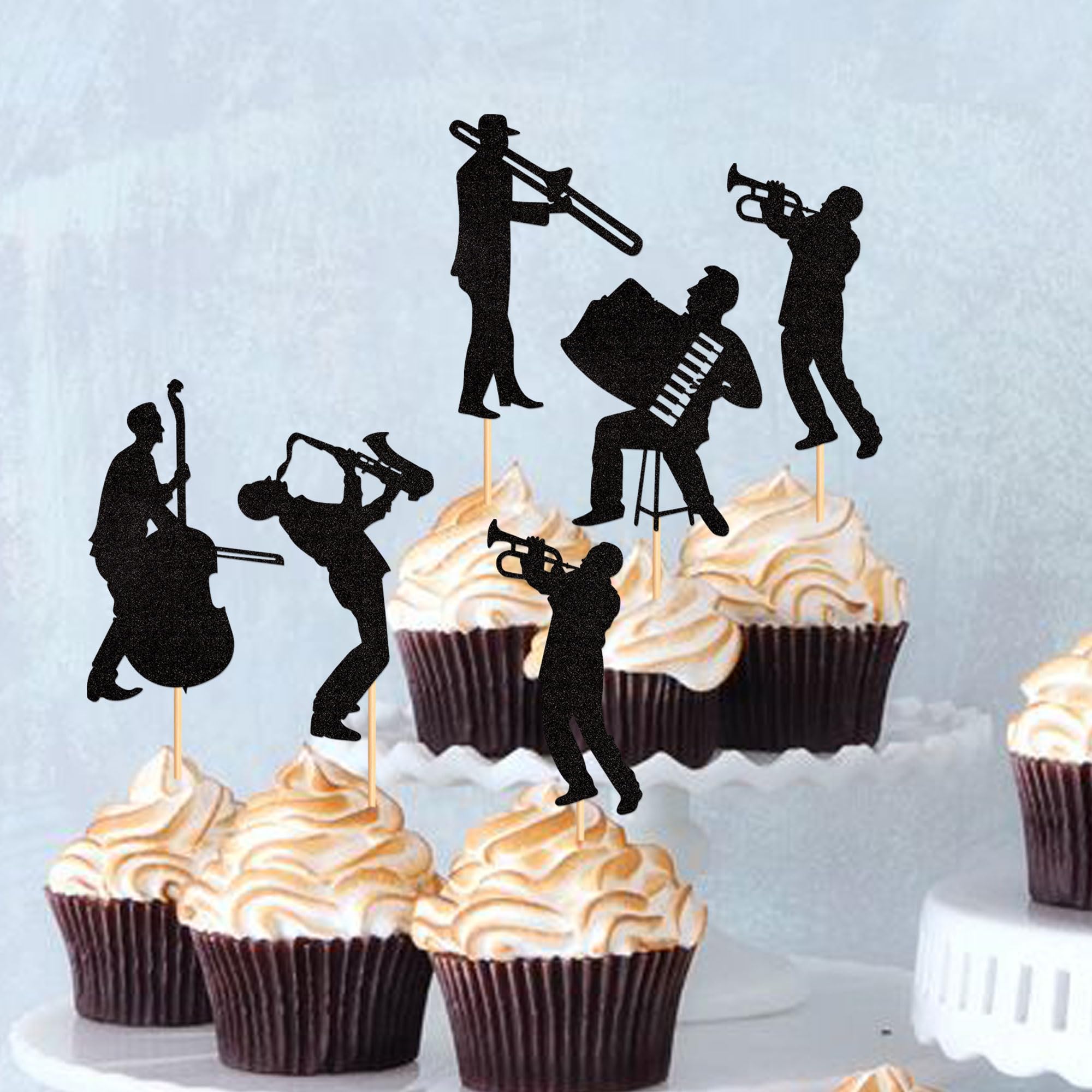 Blumomon 25 Pcs Jazz Band Cupcake Toppers Black Glitter Band Cupcake Decorations Picks Vintage Jazz Music Theme Cupcake Picks Music Concert Theme Birthday Party Cake Decorations Supplies