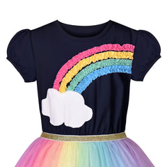 Sunny Fashion Girls Dress Navy Blue Short Sleeve Rainbow Tulle Skirt Birthday Party Age 7 Years