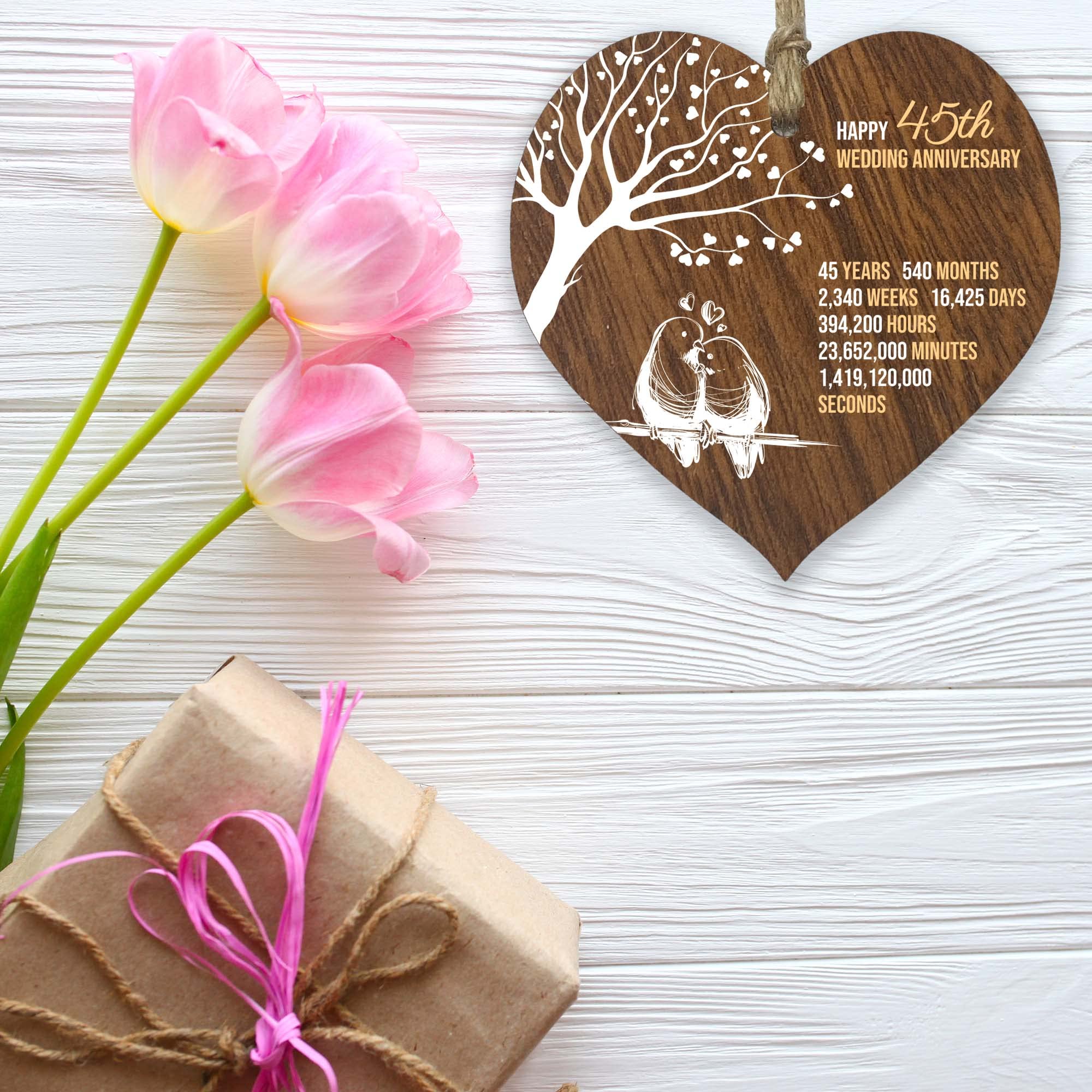 45th Wedding Anniversary Wooden Heart Plaque, Dark Wood Sign Keepsake, Celebrate Sapphire Anniversary Wife Husband Boyfriend Girlfriend, Plaque with Quotes Gifts from the Kids