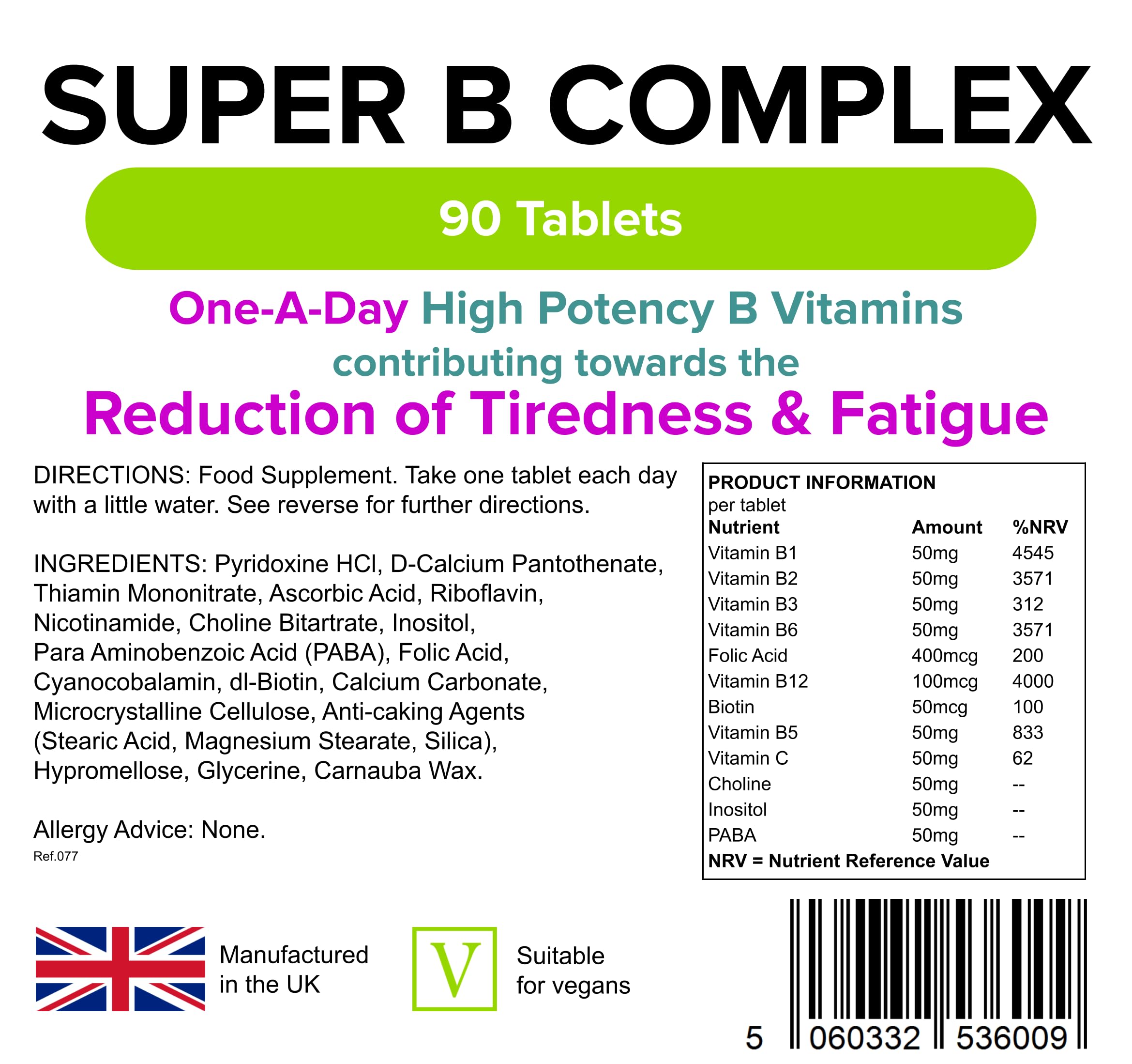 Lindens Super B Complex Vitamin Tablets - 90 Pack - with a Full Spectrum of B Vitamins and Vitamin C - Reduces Tiredness and Fatigue - UK Manufacturer, Letterbox Friendly