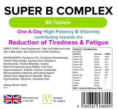 Lindens Super B Complex Vitamin Tablets - 90 Pack - with a Full Spectrum of B Vitamins and Vitamin C - Reduces Tiredness and Fatigue - UK Manufacturer, Letterbox Friendly