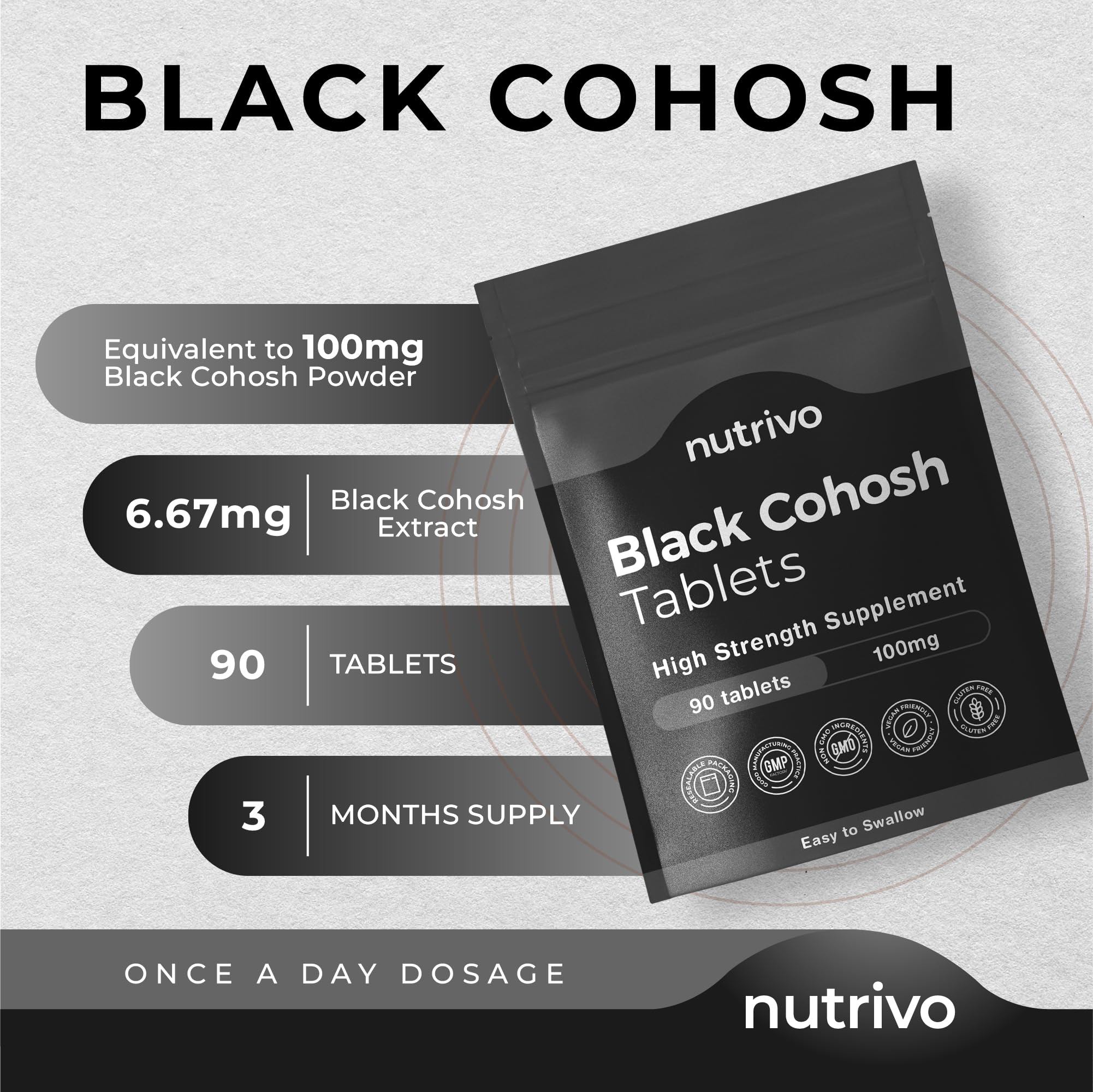 Nutrivo Black Cohosh   100mg - 90 Tablets   3 Month’s Supply   High Strength Tablets   Good Alternative to Capsules