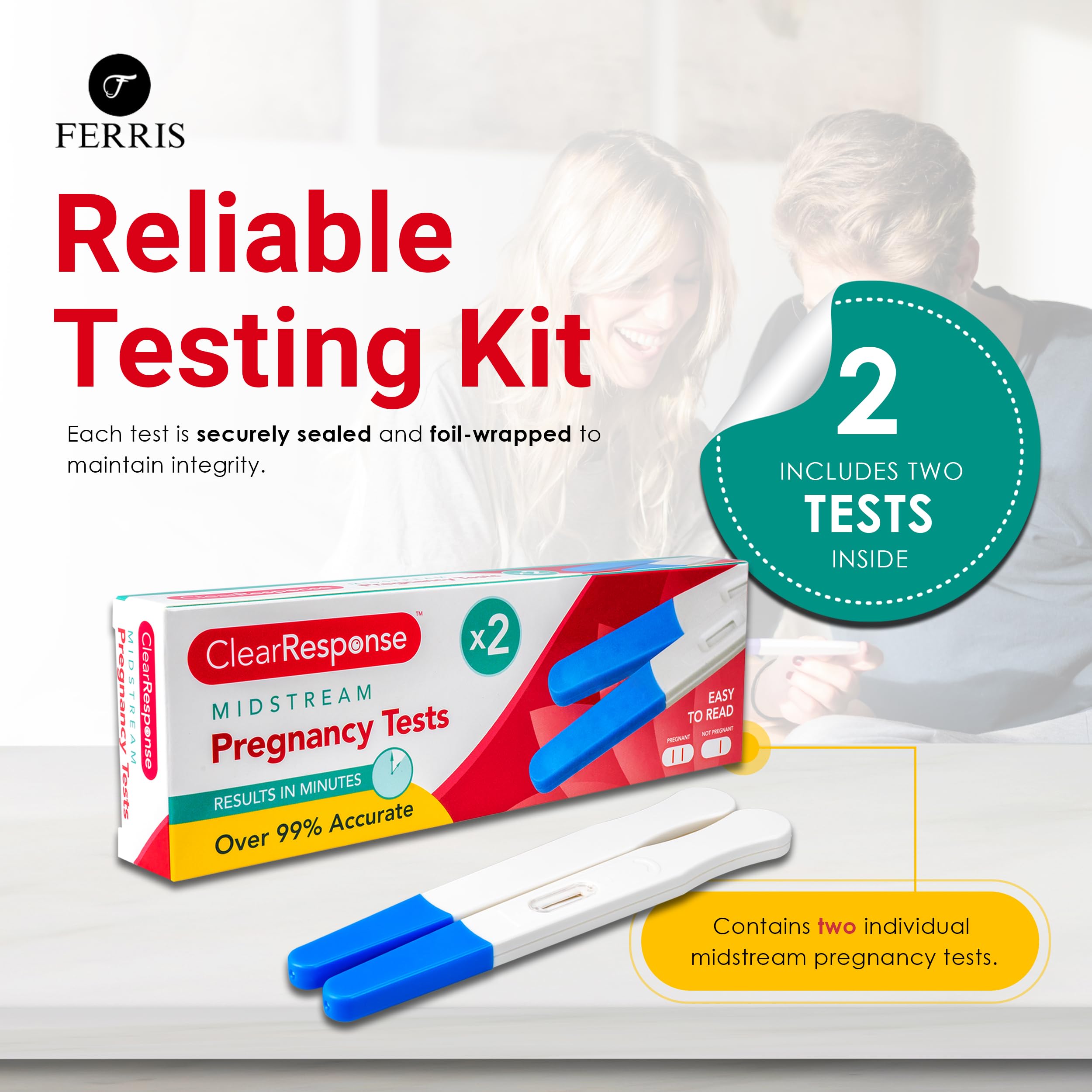 FERRIS   Pack of 2 Pregnancy Tests, Early Response Home Testing Kit, Early Family Planning, Quick Result & Easy Detection   Over 99% Accuracy - Discreet Packaging