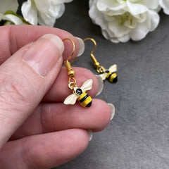 Little Bumble Bee Enamel Charm Earrings - Cute Yellow and Black Enamel Charms on Nickel Free Gold Hooks : 30mm