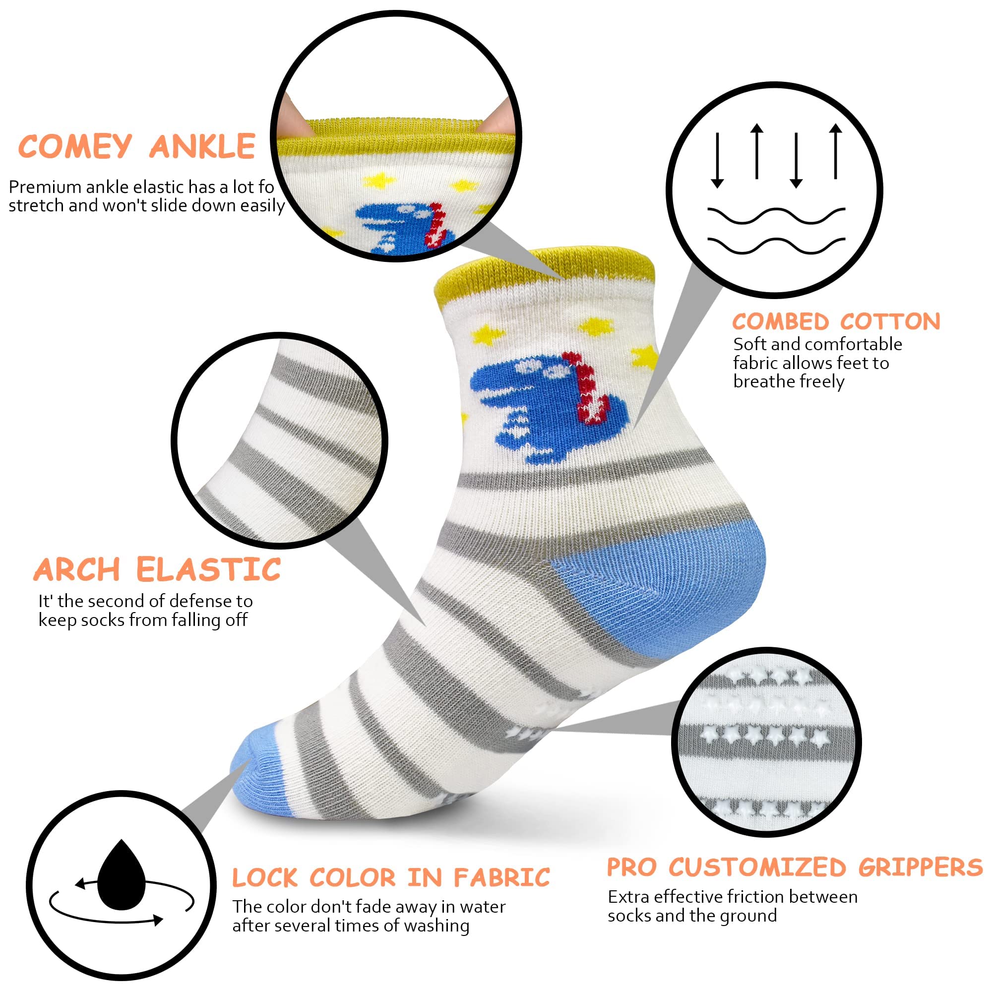 HYCLES Toddler Grip Socks - 12 Pairs Baby Boy Anti Slip Socks for Infant Kid Children Girls Non Skid Socks Tiger 3-5 Years