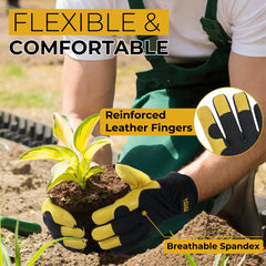 HANDLANDY Men Leather Gardening Gloves, Utility Work Gloves for Garden & Building Work, Dexterity & Breathable Construction Gloves (Yellow-Black, L)