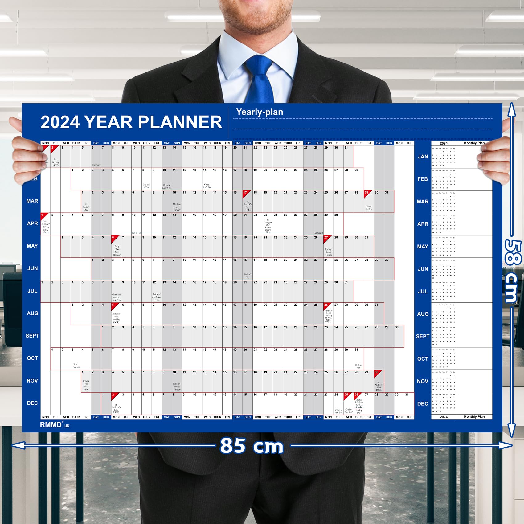 2024 Year Planner Calendar 2024 Family Planner Wall Planner from Jan. 2024 to Dec. 2024, 22.8 inches x 33.5 inches Thick Paper Wall Calendar for Home Office Organiser Planner (2024Blue)