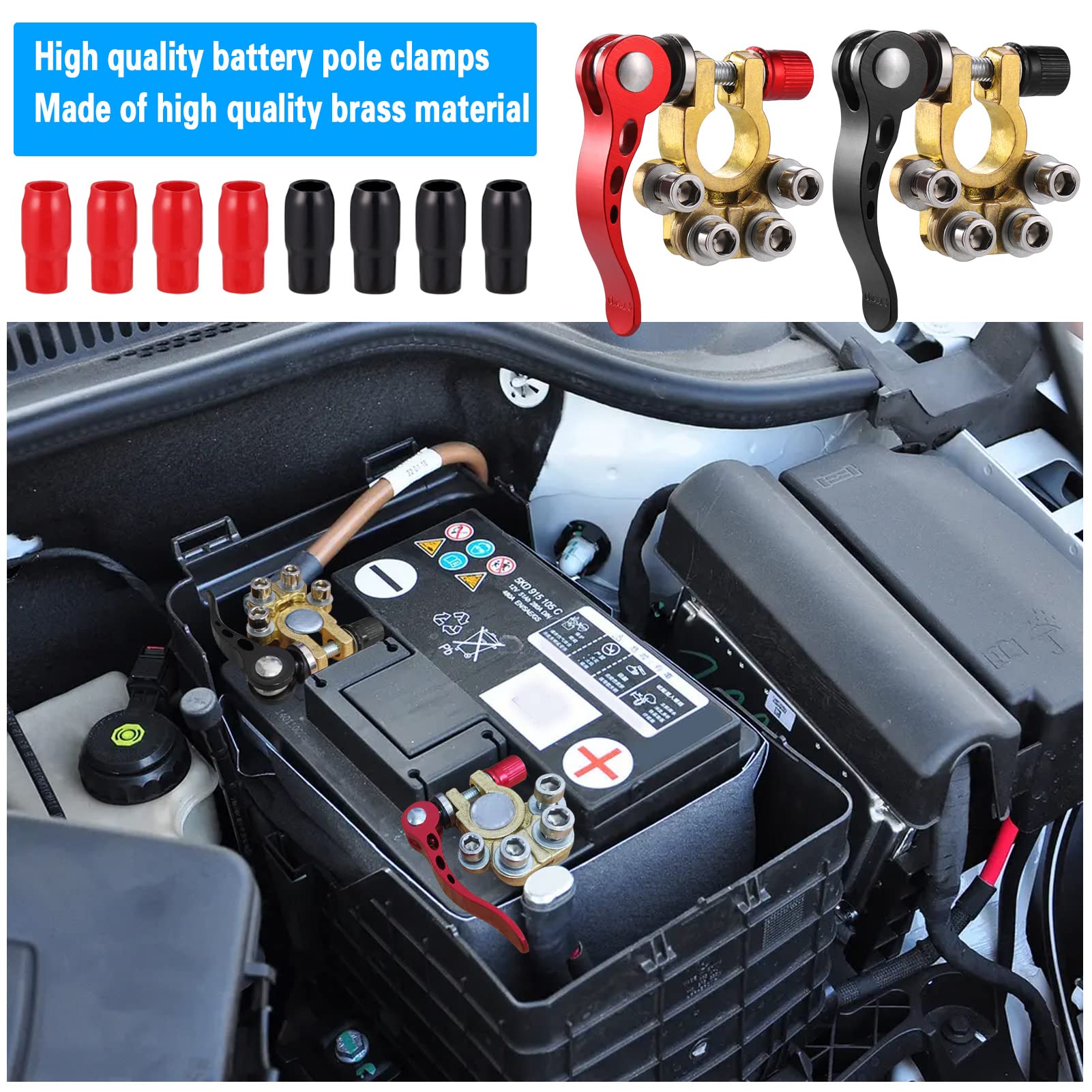 Zocipro 2Pcs Battery Terminal Connectors, 4 Way Quick Release Car Battery Terminals Positive Negative Battery Clamp, 12V Car Battery Connectors for Cars Trucks Buses Caravan Motorhome