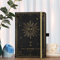 Academic Diary 2024-2025 - Diary 2024-2025 Week to View, July 2024 - June 2025 12 Months, Premium Leather Cover, Gold Stamp, Accordion Pocket, Gift Box, 25 Note Pages, Black