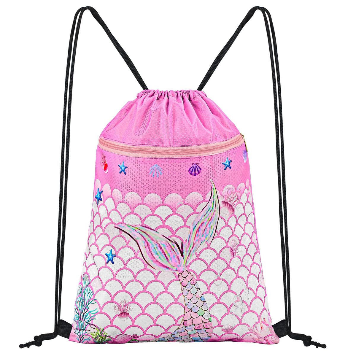 CHEPULA Gym Drawstring Backpack,Sports Gym PE Bag Waterproof Swimming Beach Backpack with Zippered Pocket Mermaid Red