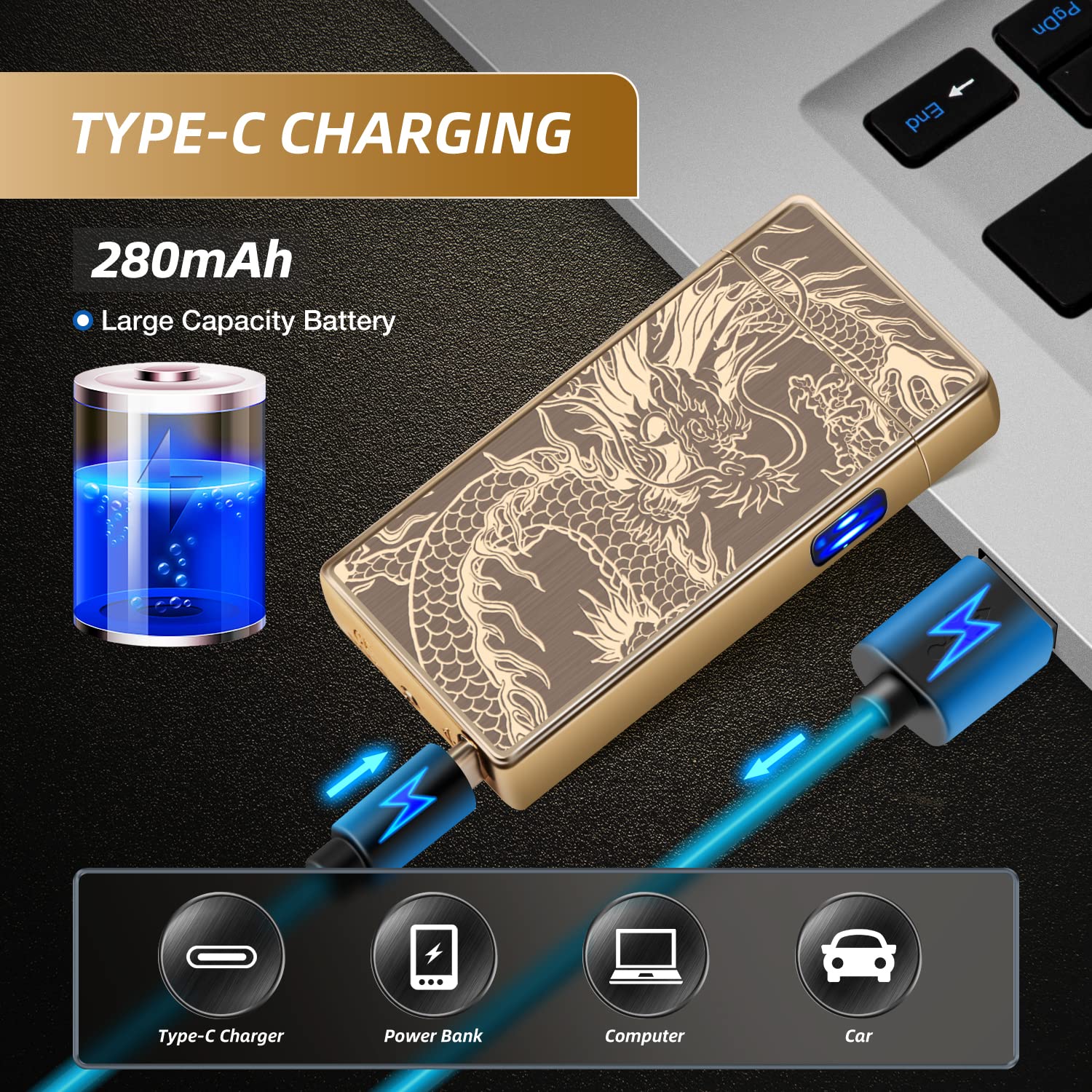 Electric Plasma Lighter with Cross X Dual Arc, USB Rechargeable Flameless Lighter with Cool Dragon Winding Pattern, Electronic Windproof Dragon Lighter, Gifts for Dad/Men (Cool Gold Dragon)