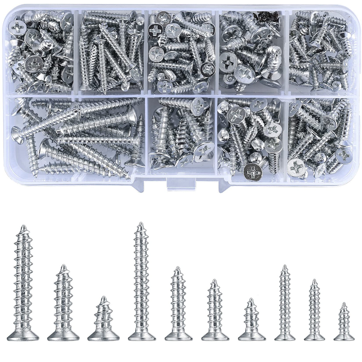 Vwoqiy 228PCS Self Tapping Screws, M3/M4/M5 Cross Drive Flat Head Screws, Countersunk Head Wood Screws, Metal Self Drilling Screws for Woodworking, with Storage Box (silvery 228)