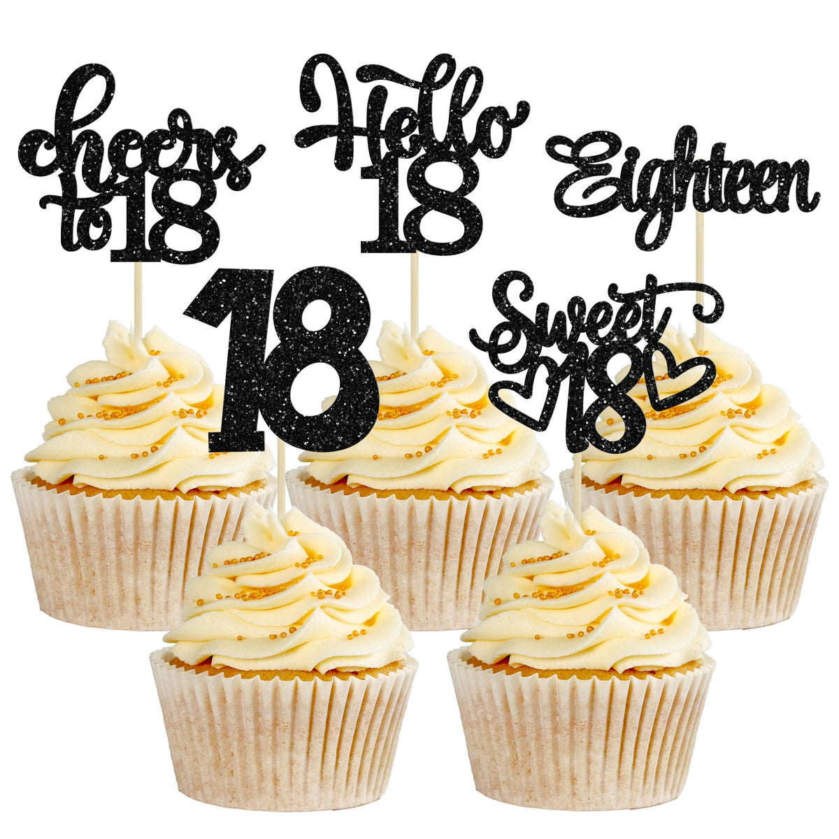 30Pcs18th Birthday Cupcake Toppers Eighteen Happy 18th Cupcake Picks Sweet 18 Cheers to 18 Cake Decorations for 18th Birthday Anniversary Party Supplies Black Glitter