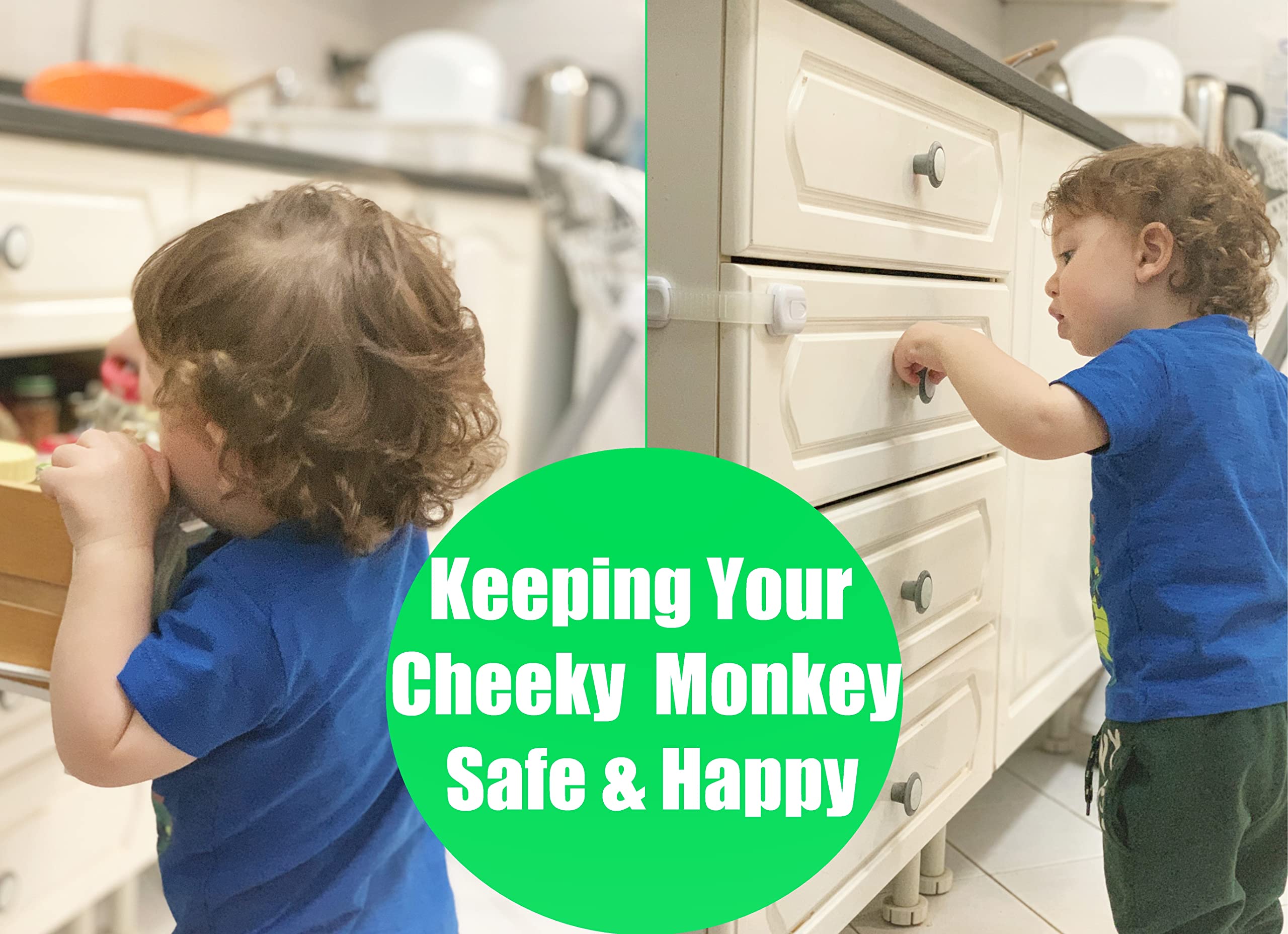 CHEEKY MONKEY 10 Pack Child Safety Strap   Cupboard Door Locks for Children   Baby Proof for Cabinets Drawers Toilet Fridge Locks   Adjustable with No Trapped Fingers Easy to Install