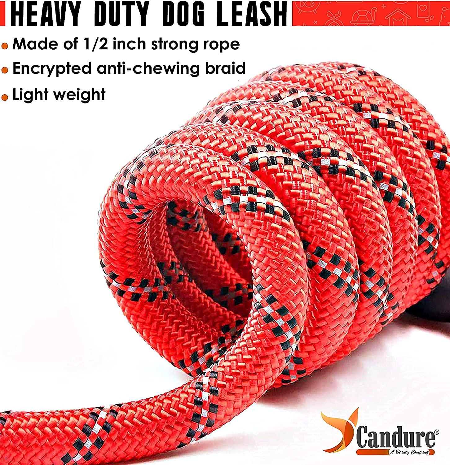 Candure Dog Lead with Soft Padded and Anti Slip Comfortable Rope Handle, 5 FT Strong Dog Leads, Highly Reflective Dog Leash for Puppy, Medium and Large Dogs (Red)