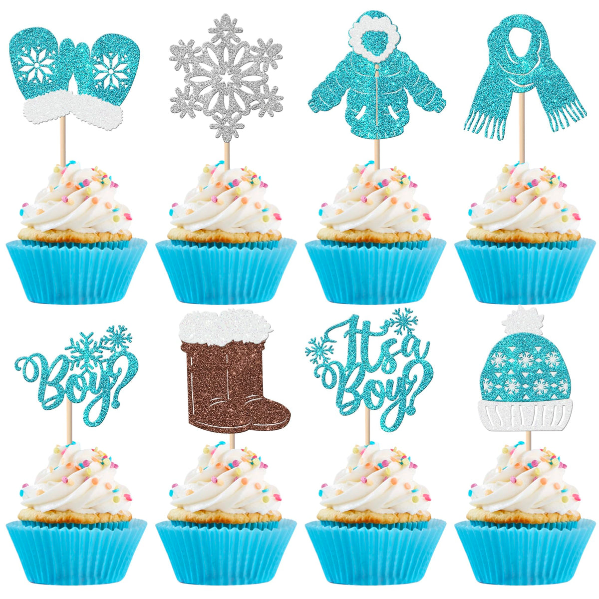 Xsstarmi 24 Pack It's a Boy Snowflake Cupcake Toppers Glitter Winter Frozen Baby Scarf Gloves Hats Shoes Cupcake Picks for Gender Reveal Theme Baby Shower Birthday Party Cake Decorations Blue