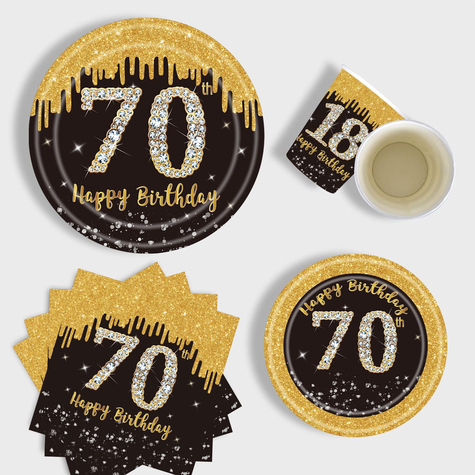 Black Gold 70th Birthday Tablewere Set Paper Napkins Tablecloth Disposable Cake Plates Birthday Round Dinner Plates for Birthday Party Supplies