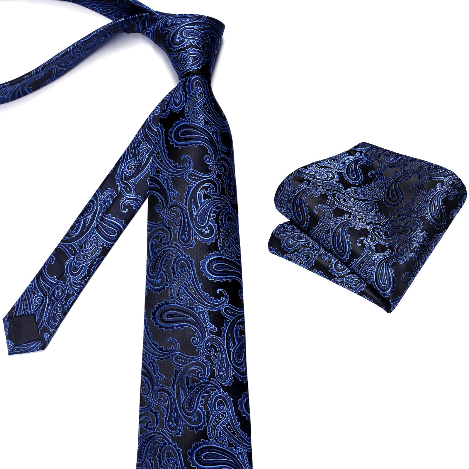 HISDERN Men's Paisley Ties Classic Floral Neckties for Wedding Party Prom Tie & Pocket Square Set Blue & Black