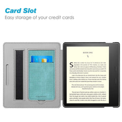 FINTIE Stand Case for All-new Kindle Oasis (10th Generation, 2019 Release & 9th Generation, 2017 Release) - Premium PU Leather Protective Sleeve Cover with Card Slot and Hand Strap, Denim Turquoise