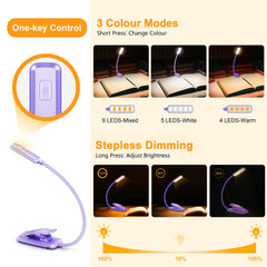 Gritin 9 LED Clip on Book Light, 3 Eye-Protecting Modes Flexible Reading Light Book Lamp (Warm&Cool White Light) -Stepless Dimming, Rechargeable, Long Battery Life, 4-Level Power Indicator -Purple