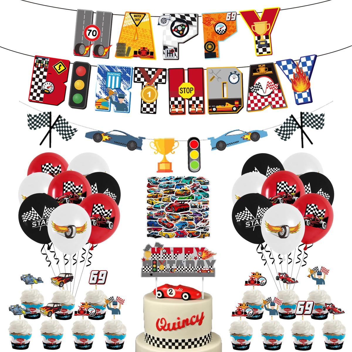 Race Car Birthday Party Decorations - Car Party Supplies Includes Birthday Banner Cake Topper Cupcake Topper Latex Balloons Sticker for Racing Theme Party