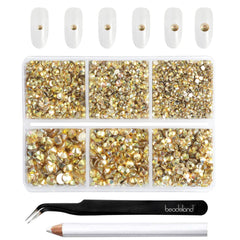 Beadsland 4300pcs Flatback Rhinestones,Gold Rhinestones Nail Gems Round Crystal Rhinestones for Crafts,Mixed 6 Sizes with Picking Tweezers and Wax Pencil Kit, SS6-SS20,Metal Sunlight