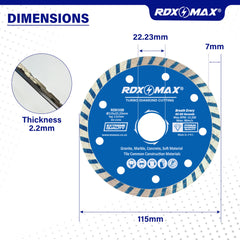 RDXMAX ® 115mm Diamond Cutting Discs for Angle Grinder-Super Thin Fast,Clean Cut on Porcelain,Granite,Marble,Concrete,Tiles,Stones,Bricks & Ceramics-4.5 inches Wheel -Size 115 x2.2 x22.23mm- (2 Pack)