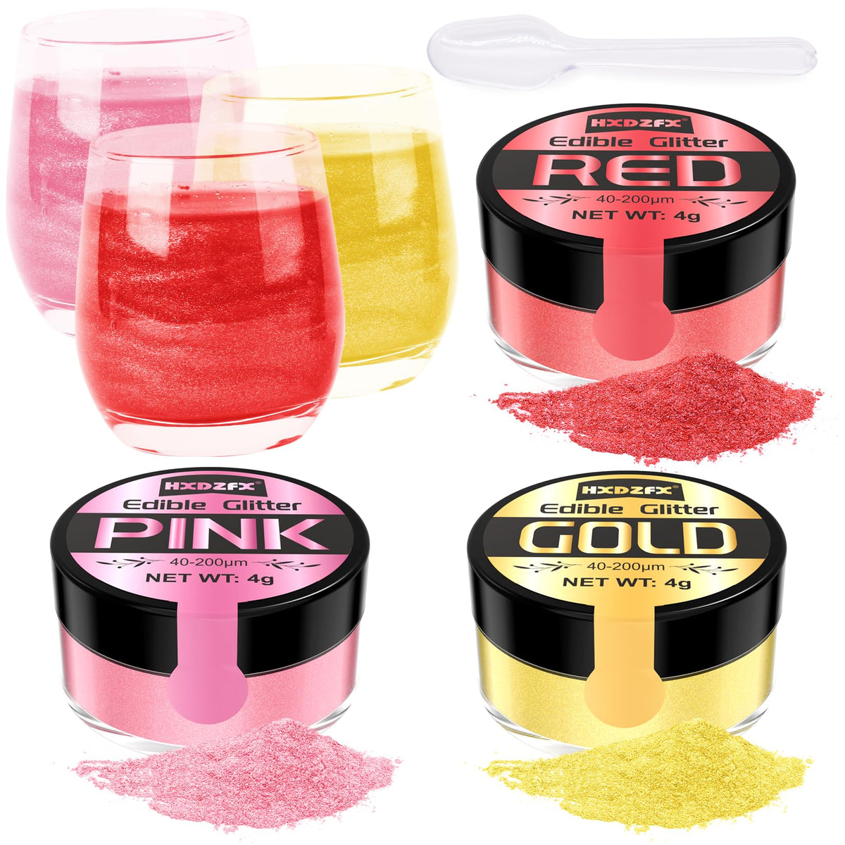 Edible Glitter - 3 Colours 100% Edible Glitter for Cakes, Gold, Pink, Red, Edible Glitter for Drinks, Cake Decorations, Chocolates, Muffins, Cocktail, Cream, etc (4g Each)