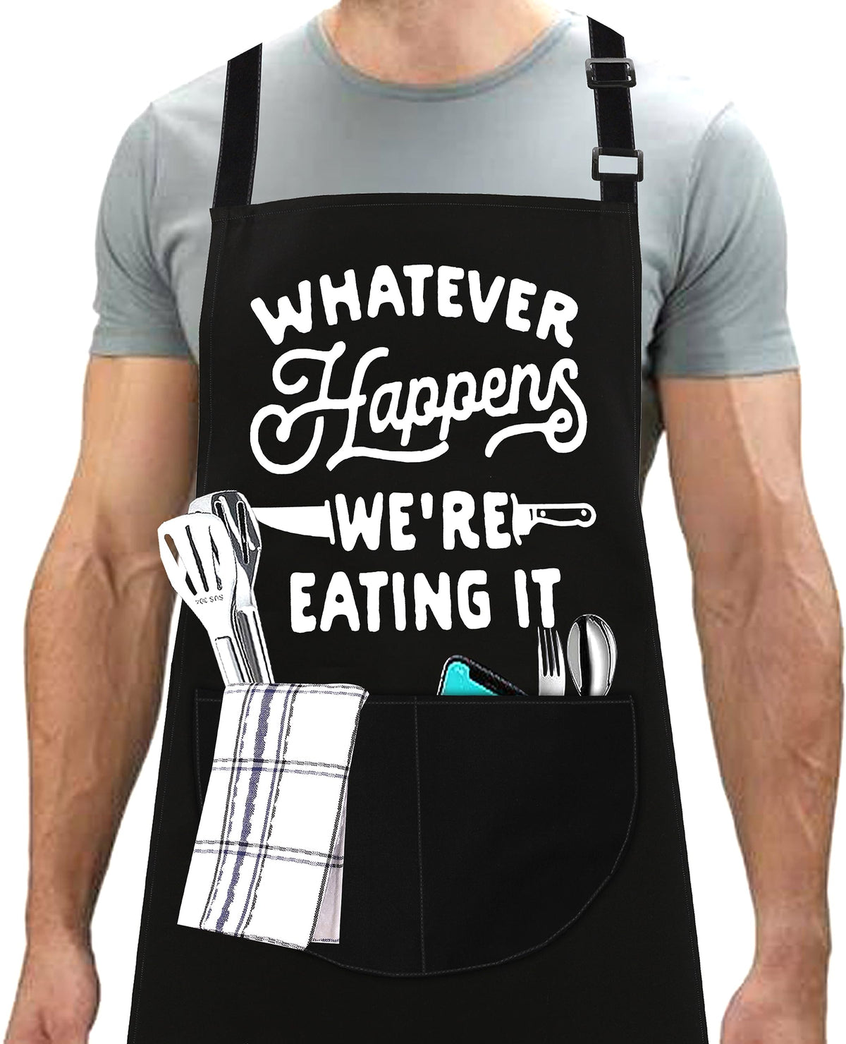 LINEN CLOSET® Bbq Apron for Men Funny Aprons Grilling Novelty Barbecue Aprons Kitchen Cooking Gift Apron with 2 Front Pockets-Whatever Happens Apron