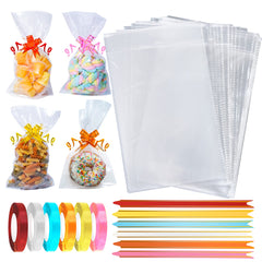 Cellophane Bags Pack of 60 (5 x 7 Inches) Food Safe Cookie Bags with Mix Colors Gorgeous Pull Bows and Ribbons - Flat Bottom Clear Bags for Sweets, Gifts Packaging for Christmas, Halloween, Birthday