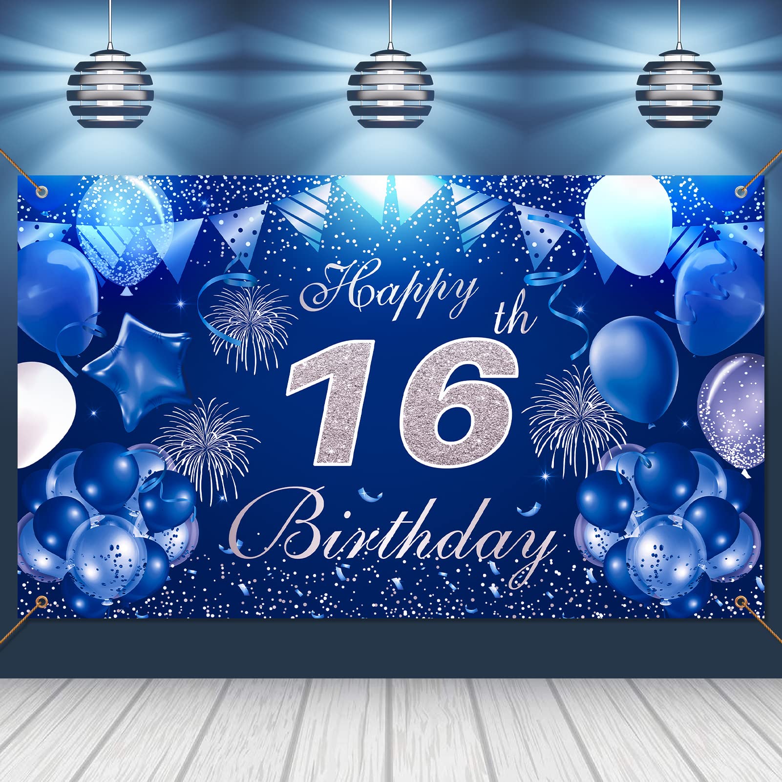 Pinenuts Happy 16th Birthday Backdrop Banner Blue 16th Birthday Decorations for Boys Girls, Large Fabric Birthday Photo Background Birthday Sign Poster, 3.6 x 6.1 ft