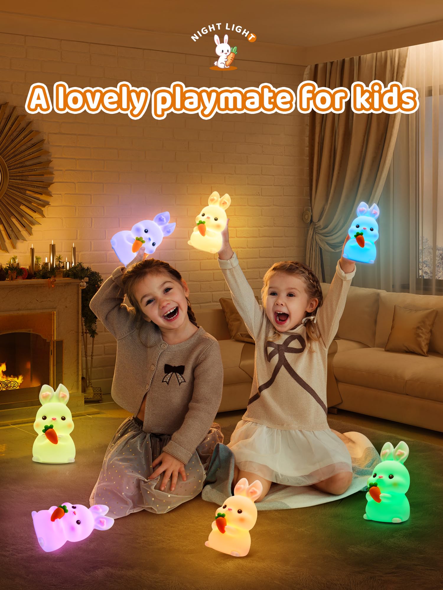 One Fire Bunny Night Light Kids,16 Colorsand5 Brightness Baby Night Light Kids Night Light Bedroom,RemoteandPortable Kids Night Light Baby Night Light Newborn,RechargeableandColdless Girls Night Light Kids