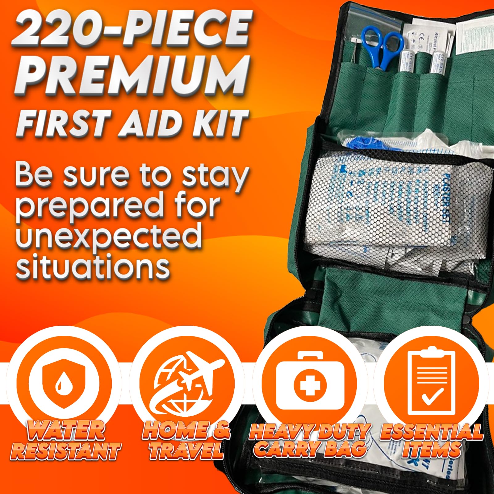 Xtremeauto 220 Piece Premium First Aid Kit - Jumbo First-Aid Kit Includes Eyewash, X2 Ice Packs, Emergency Medical Kits with Plasters & Essentials for Home, Office, Car, Sports, Camping, Business