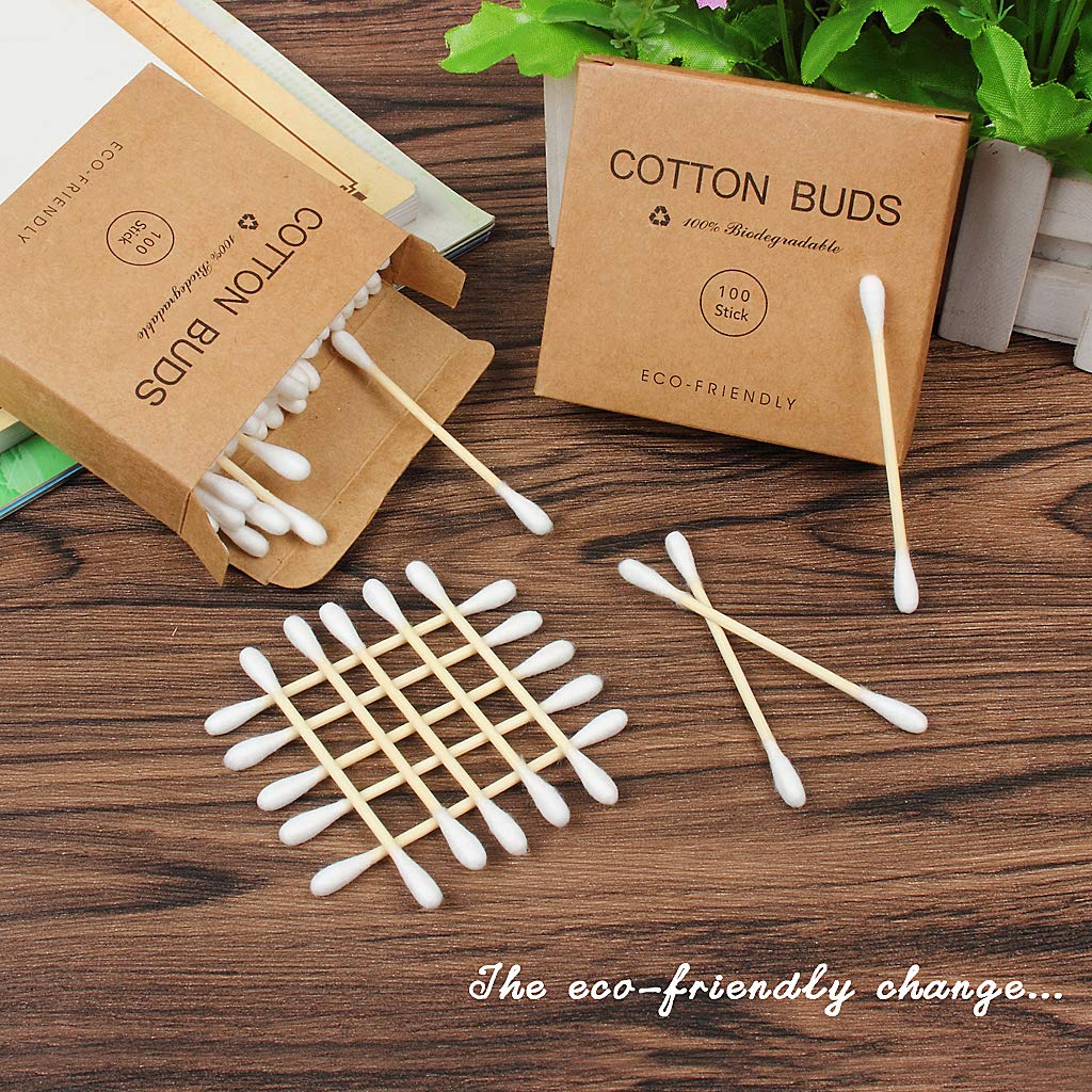 SWKJ Bamboo Cotton Buds, 200 PCS (2 x 100) Eco-Friendly Cotton Ear Buds Swabs with Bamboo Handle - Recyclable and Biodegradable Cotton Swabs for Cleaning Ear Makeup Wound