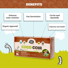 COCO & COIR Coco Soil Coconut Fibre. 100% Natural Organic Coconut Coir Compost Brick - Coco Grow (9L)