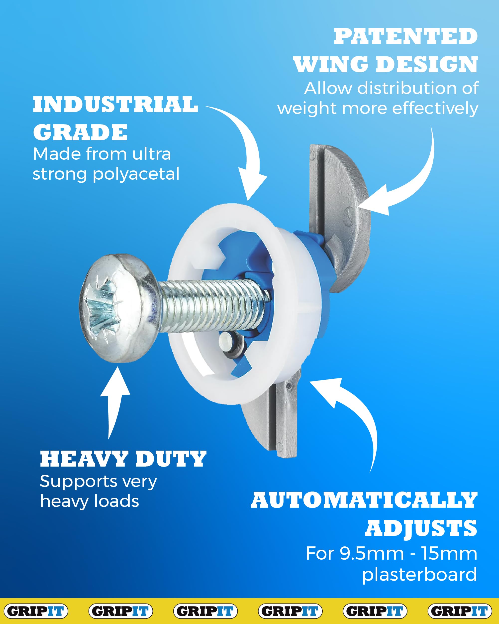 Gripit Mixed Plasterboard Fixings Kit - Pack of 16 - Heavy Duty Plasterboard Fixings for Drywall & Stud Walls, Holds Up to 113kg - for Mounting TVs, Curtains & Shelfs - Easy Install & UK Designed