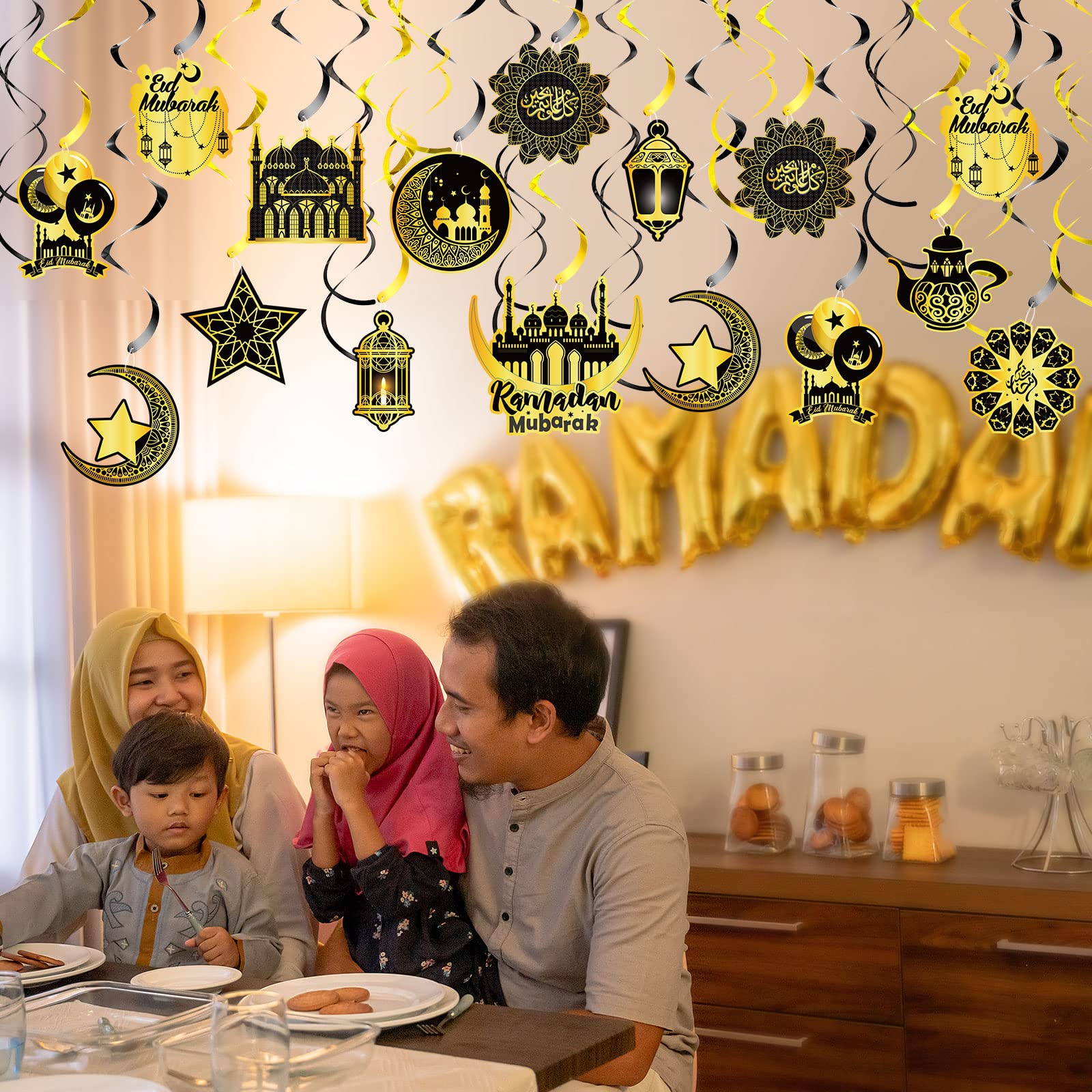 30 Pieces Ramadan Mubarak Decorations, Eid Mubarak Hanging Swirl Shining Gold Star Moon Lantern Ceiling Foil Decor for Eid Al-fitr Party Egyptian Holiday Decorations Supplies (Black and Gold)