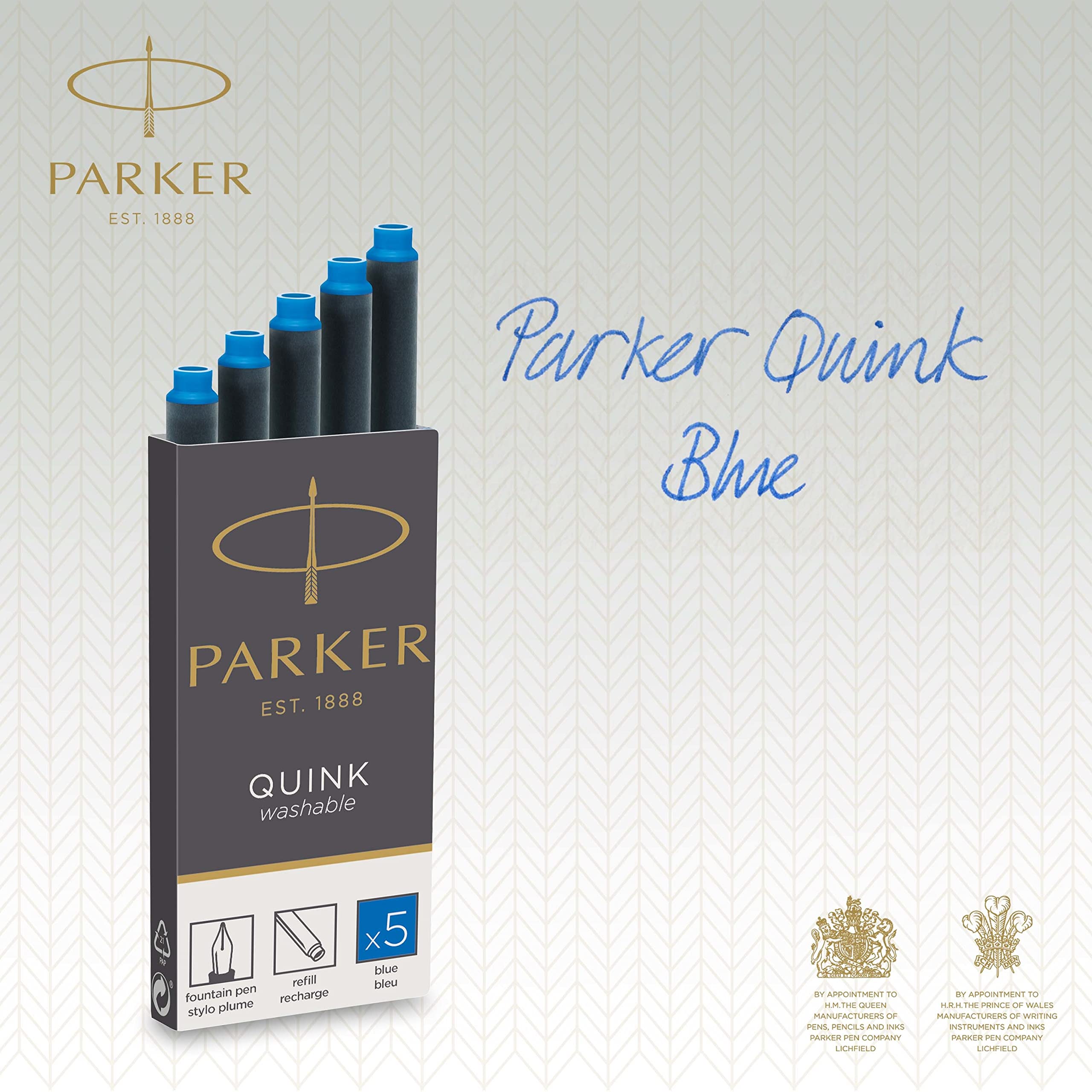 Parker Fountain Pen Ink Refill Cartridges   Long   Washable Blue QUINK Ink   10 Count (Blister)