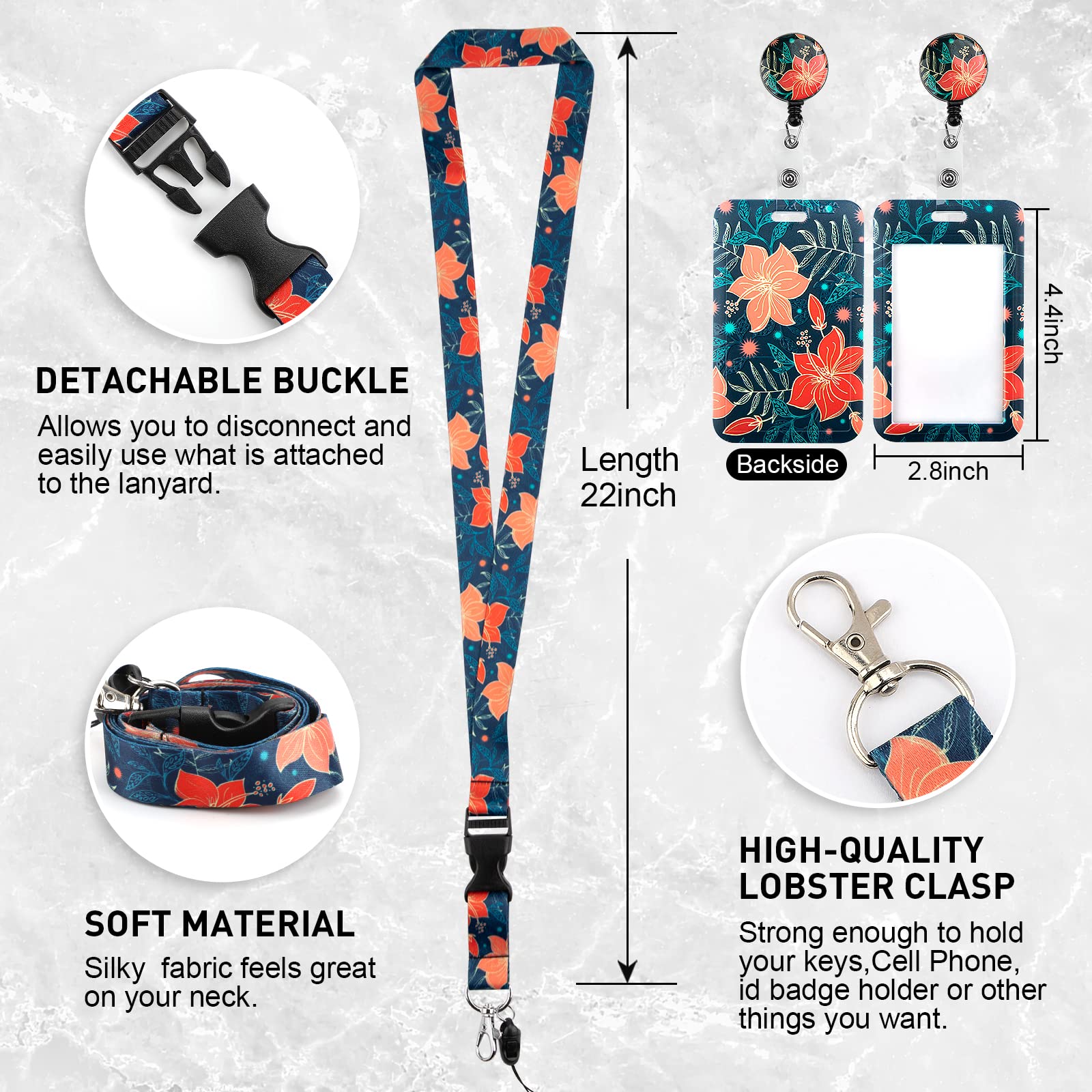 Lanyard with Card Holder, Adjustable Retractable Lanyards ID Badge Holder, for ID Card, Office, School(Red Flower)