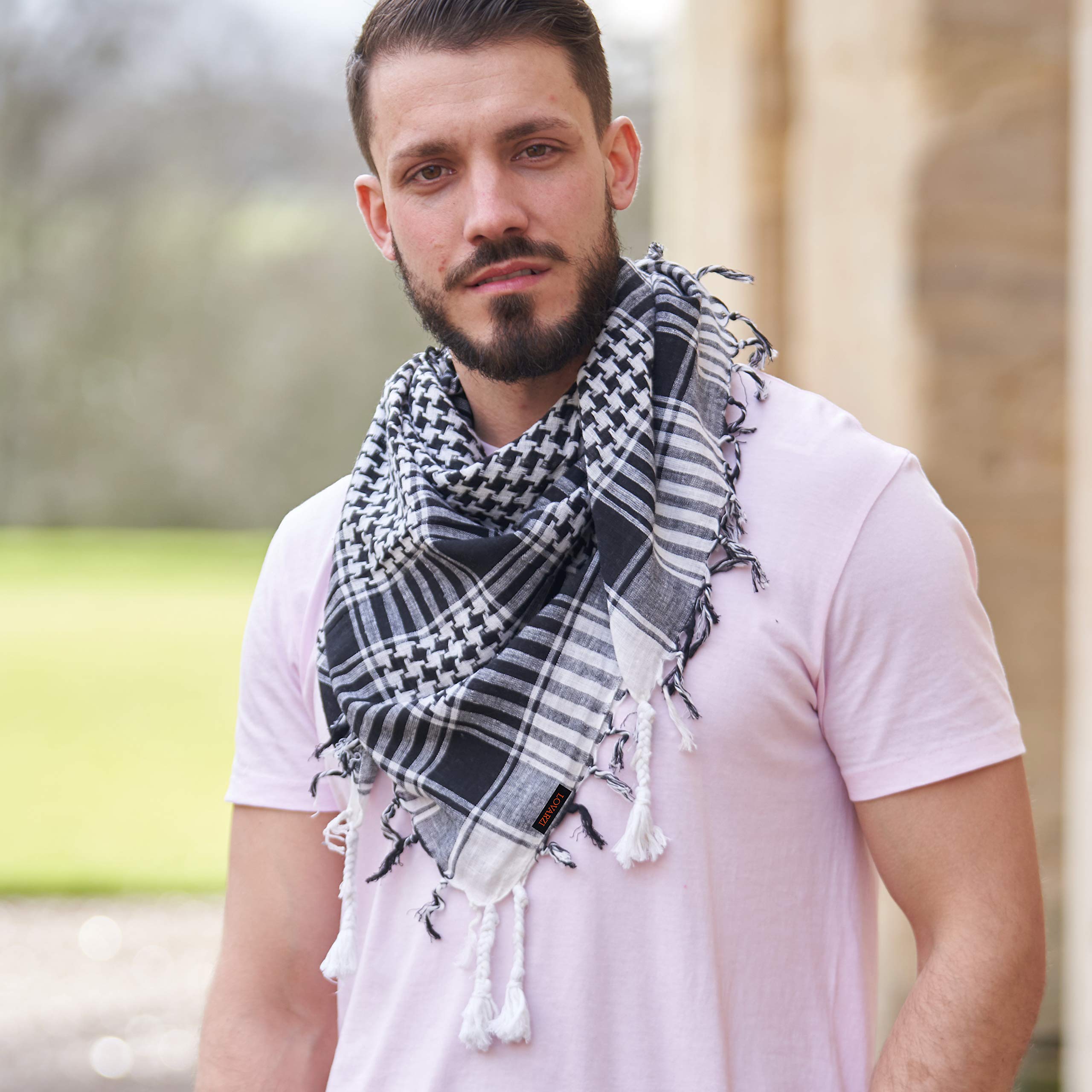 LOVARZI Shemagh Scarf for Men and Women - Black and White desert bandana arab head scarf men - Neck Scarfs Face Covering - Keffiyeh Palestine Scarves - Palestinian square cotton