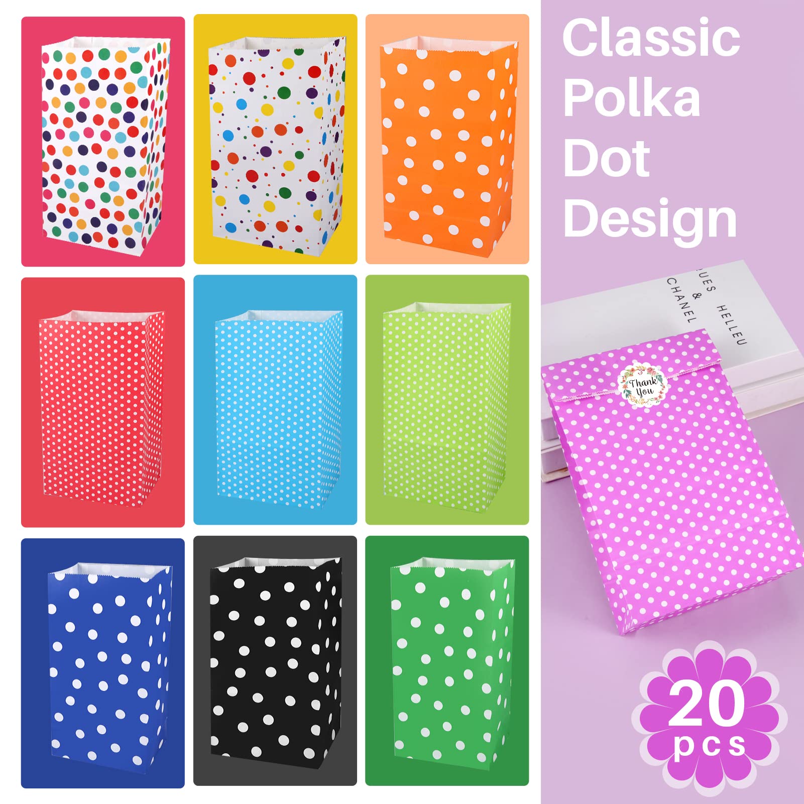 20Pcs Colourful Paper Party Bags with Stickers, Polka Dots Kraft Paper Bag, Flat Bottom Gift Bag, Goody Bags for Kids and Adults Party, Birthday, Wedding, Baby Shower, Halloween, Christmas